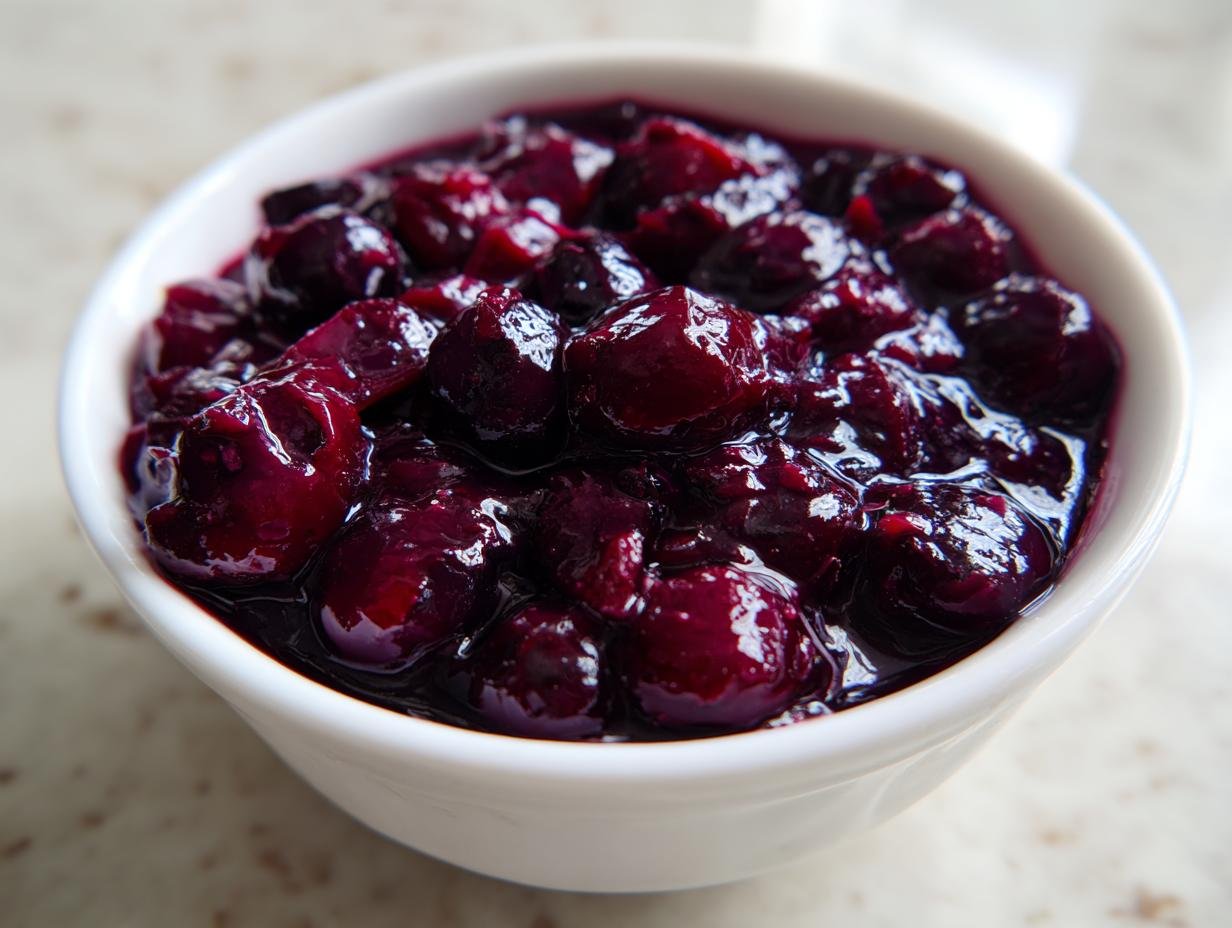 A close-up of rich, glossy Simple Blueberry Compote served in a small white bowl.