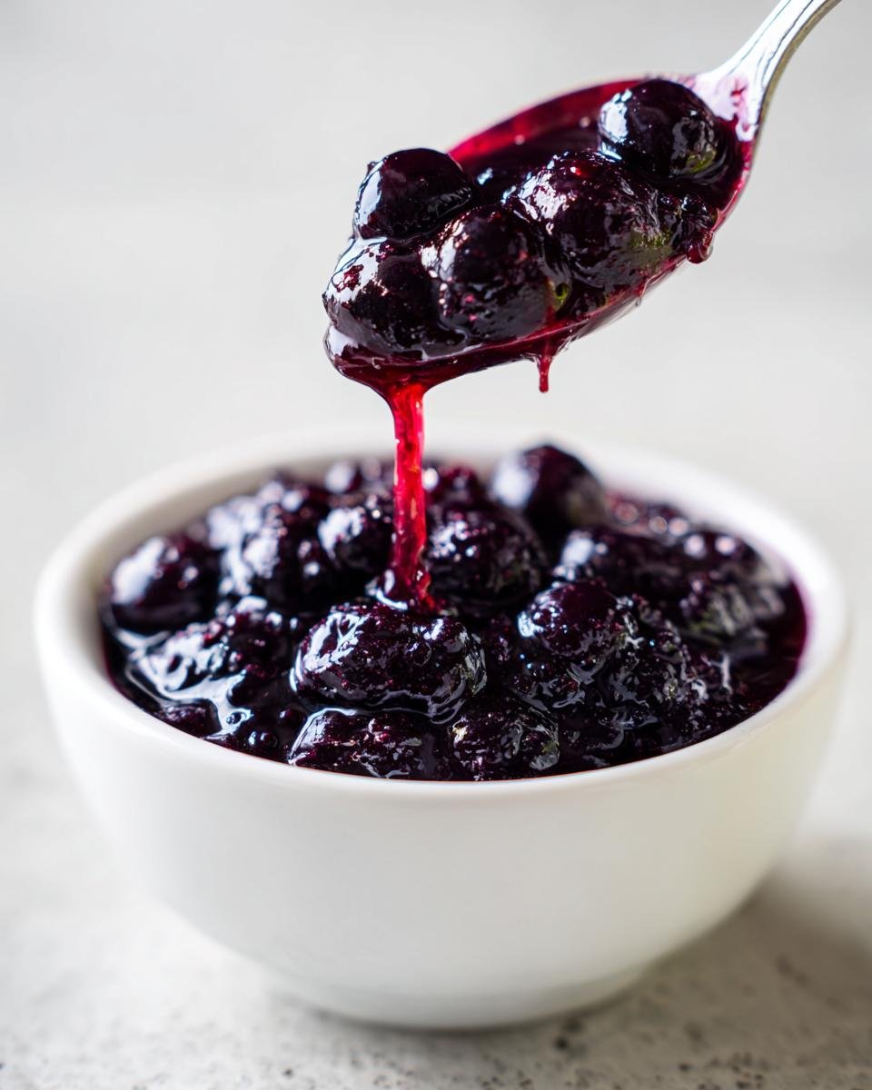 A spoonful of rich, dark Simple Blueberry Compote dripping back into a white bowl.