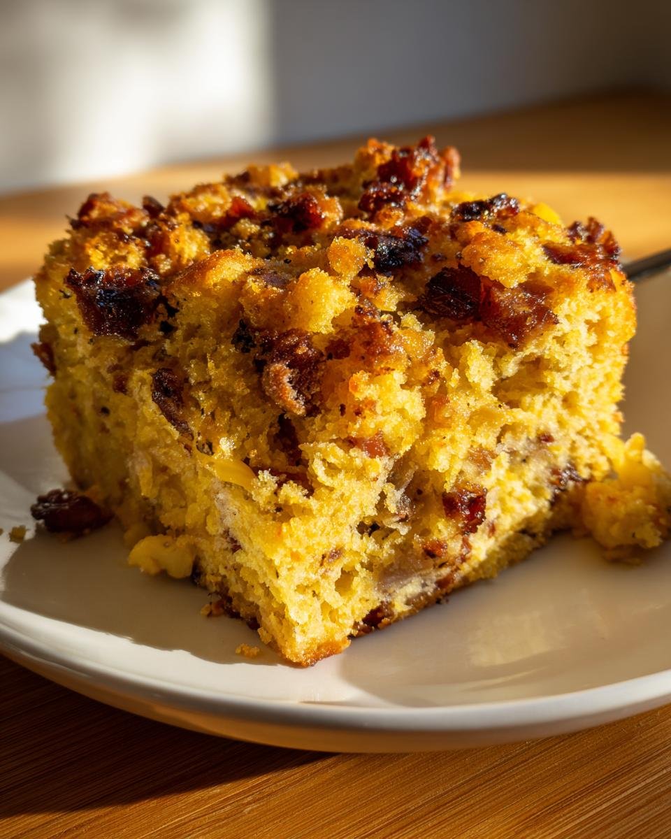 A close-up of a moist, golden slice of Irresistible Cornbread Stuffing With Bacon Recipe on a white plate.