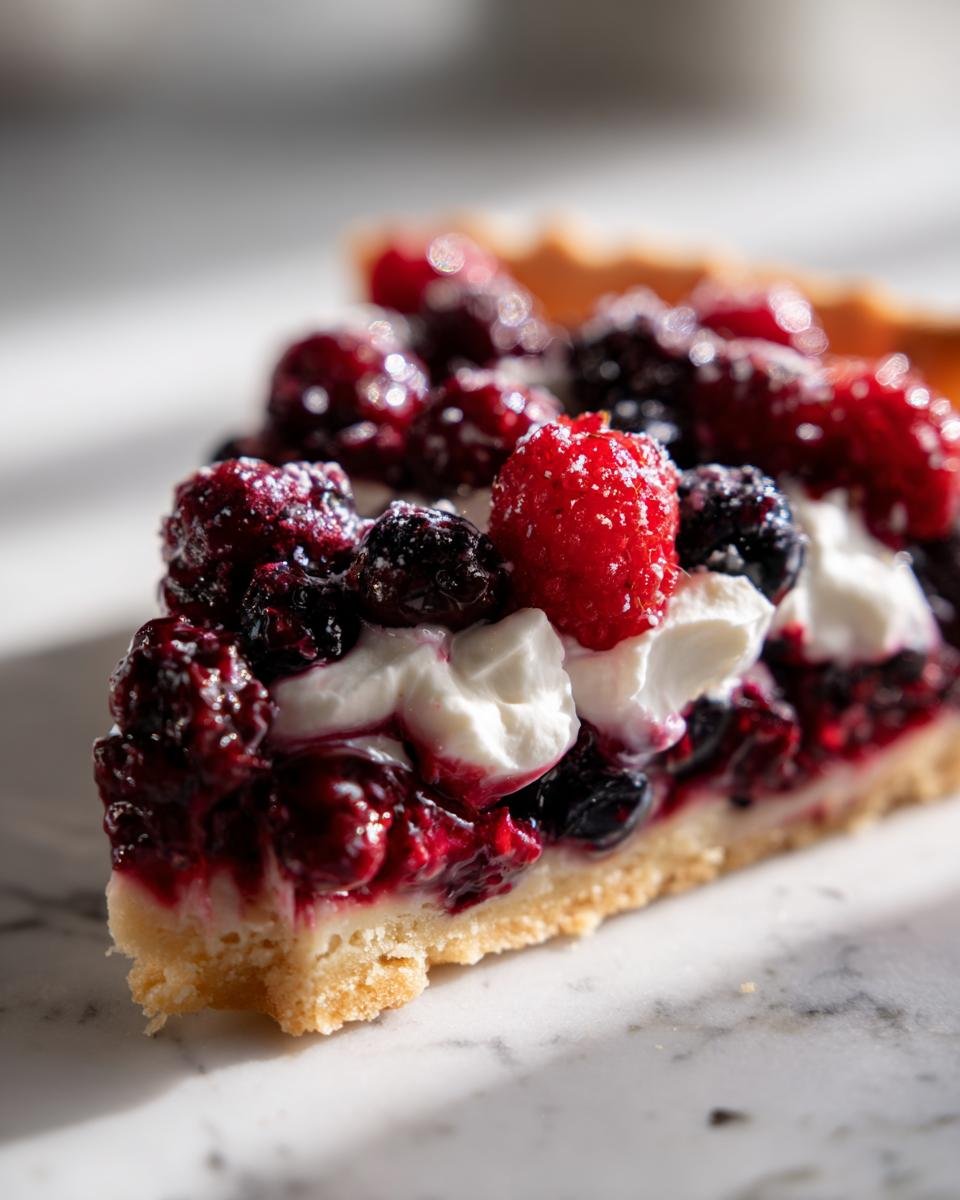 Close-up of a slice of Roasted Berries Tart featuring dark, glossy berries and dollops of white cream on a buttery crust.
