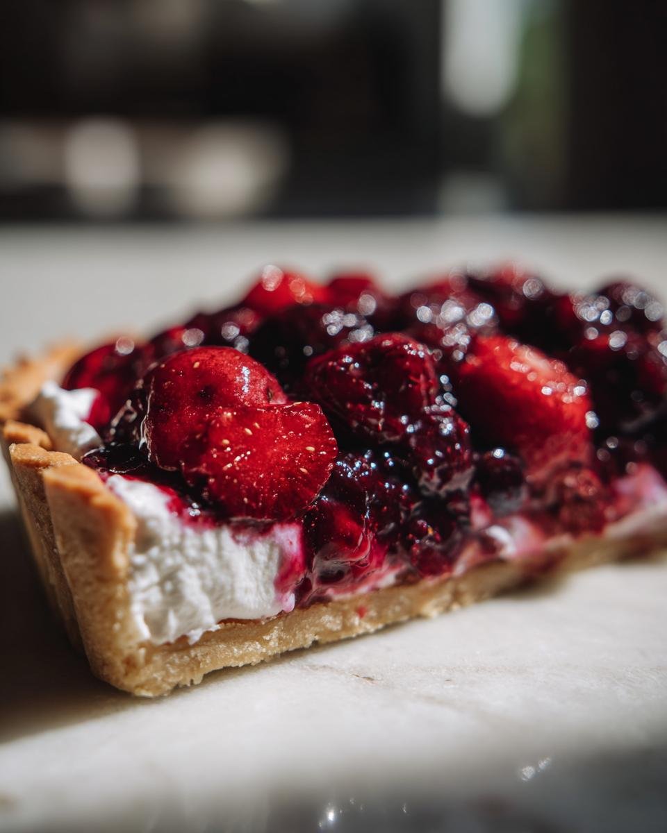 Close-up of a slice of Roasted Berries Tart showing a buttery crust, white cream, and glossy roasted berries.
