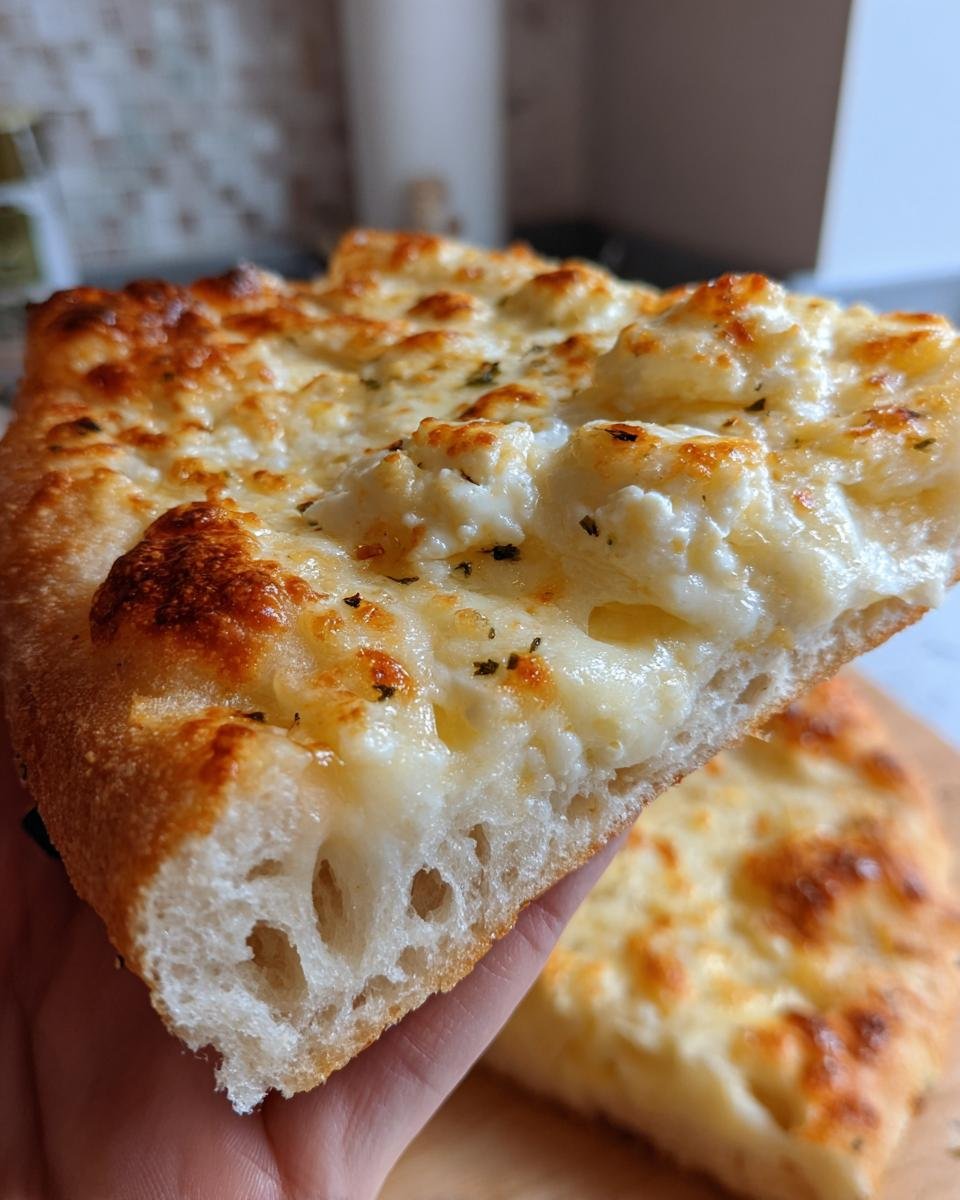 A hand holding a thick slice of Roasted Garlic White Pizza showing the airy crust and bubbly, browned cheese topping.