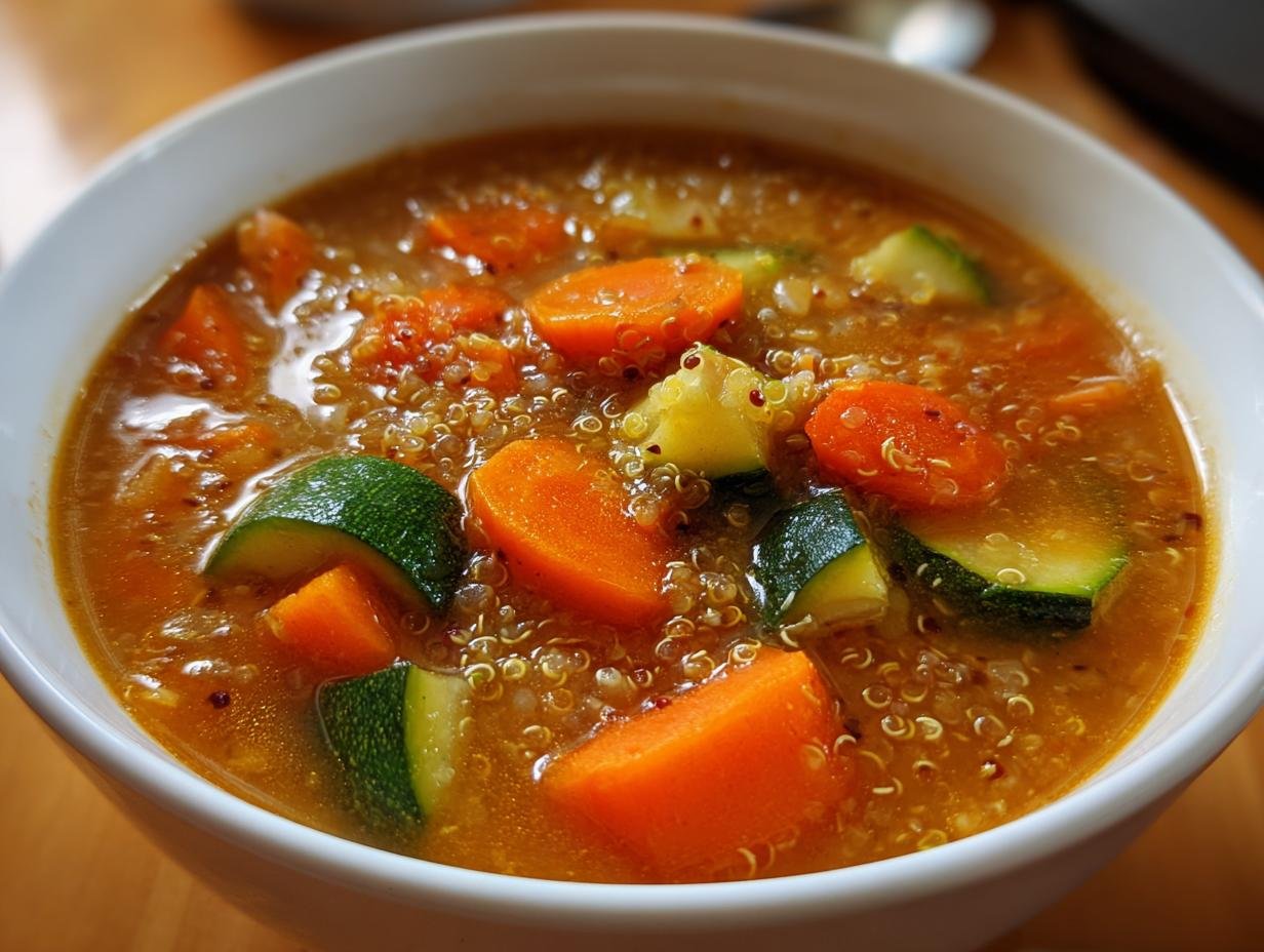 Close-up of a white bowl filled with hearty Slow Cooker Quinoa Veggie Soup featuring bright orange carrots and green zucchini slices.