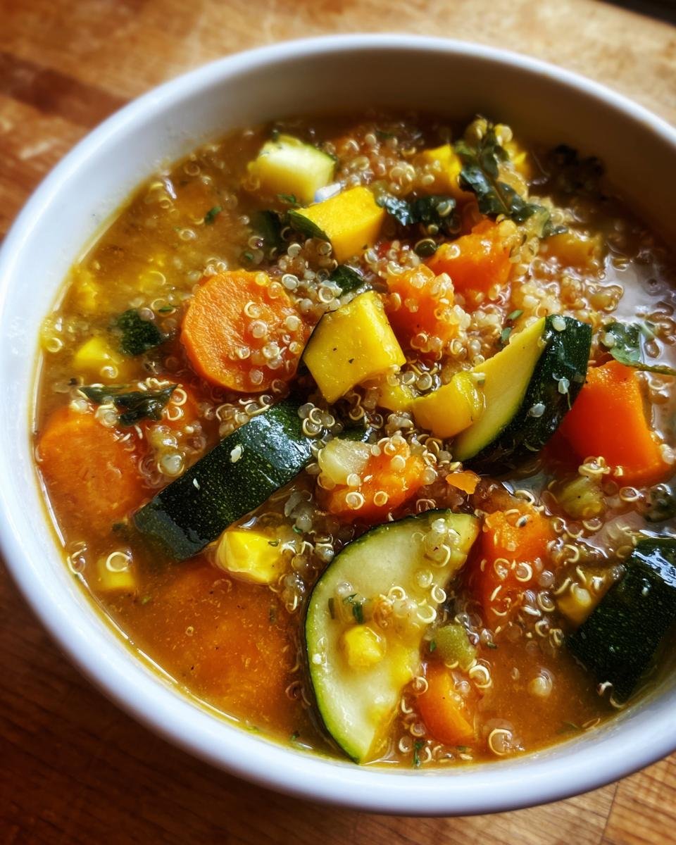 Close-up of a white bowl filled with Slow Cooker Quinoa Veggie Soup featuring carrots, zucchini, squash, and quinoa.