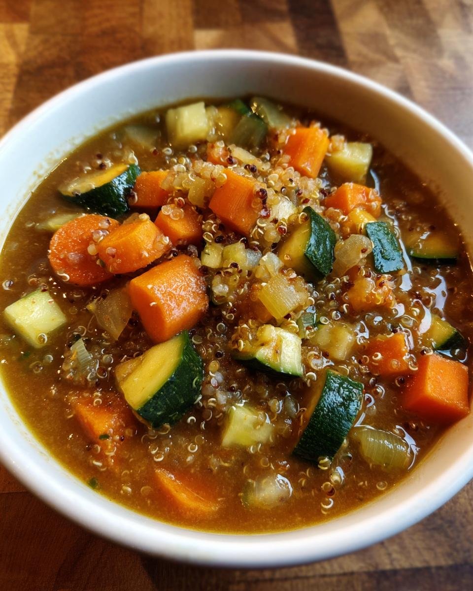 Close-up of a white bowl filled with hearty Slow Cooker Quinoa Veggie Soup featuring carrots, zucchini, and quinoa.