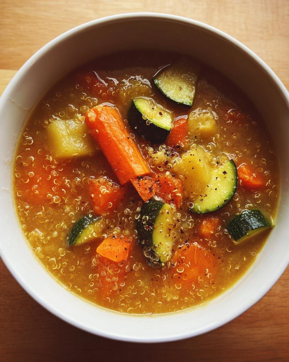 Close-up overhead view of a white bowl filled with Slow Cooker Quinoa Veggie Soup, featuring carrots, zucchini, and quinoa.