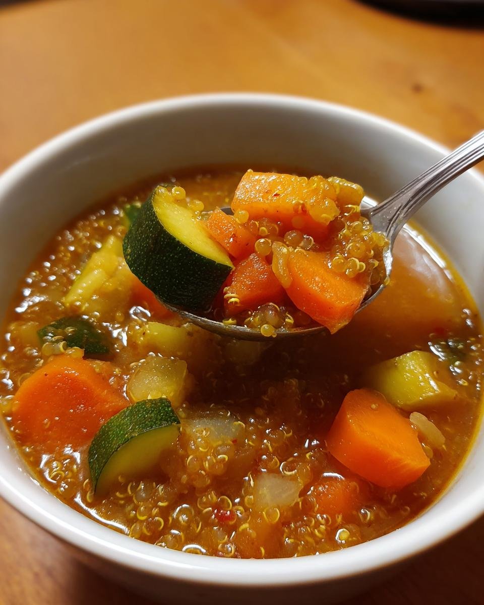 A spoonful of vibrant Slow Cooker Quinoa Veggie Soup showing carrots, zucchini, and quinoa grains being lifted from a white bowl.