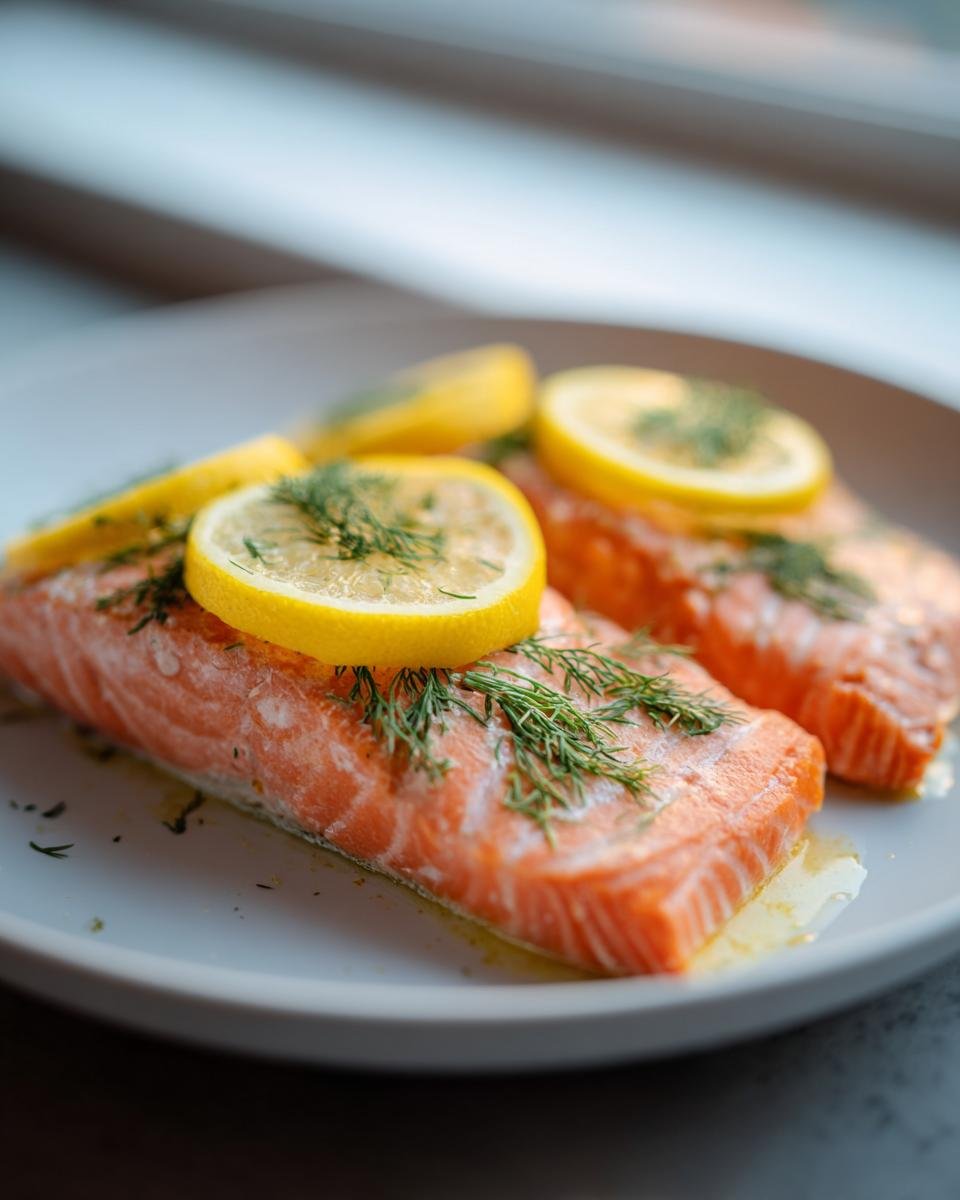 Two perfectly cooked fillets of Slow Cooker Salmon garnished with fresh dill and bright lemon slices on a white plate.