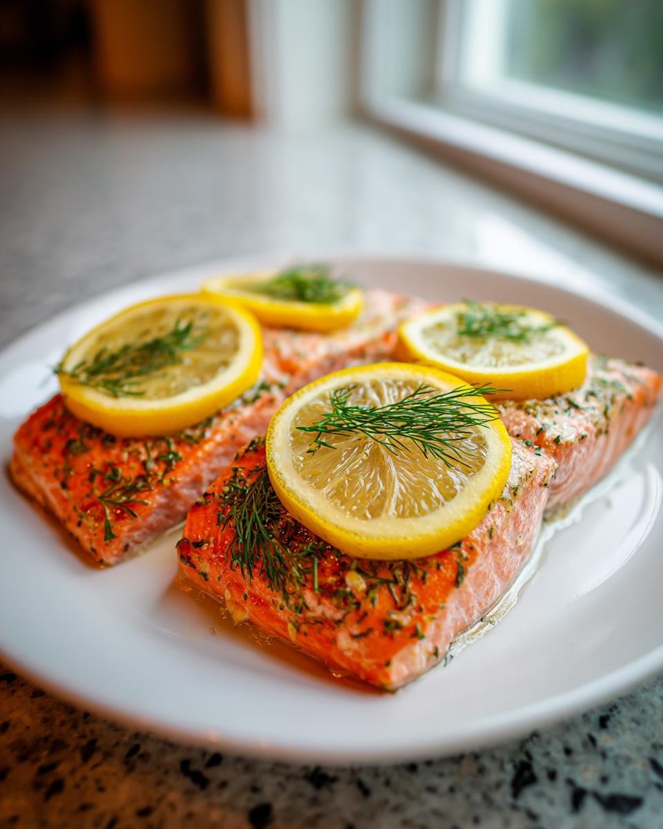 Close-up of three cooked Slow Cooker Salmon fillets garnished with lemon slices and fresh dill on a white plate.