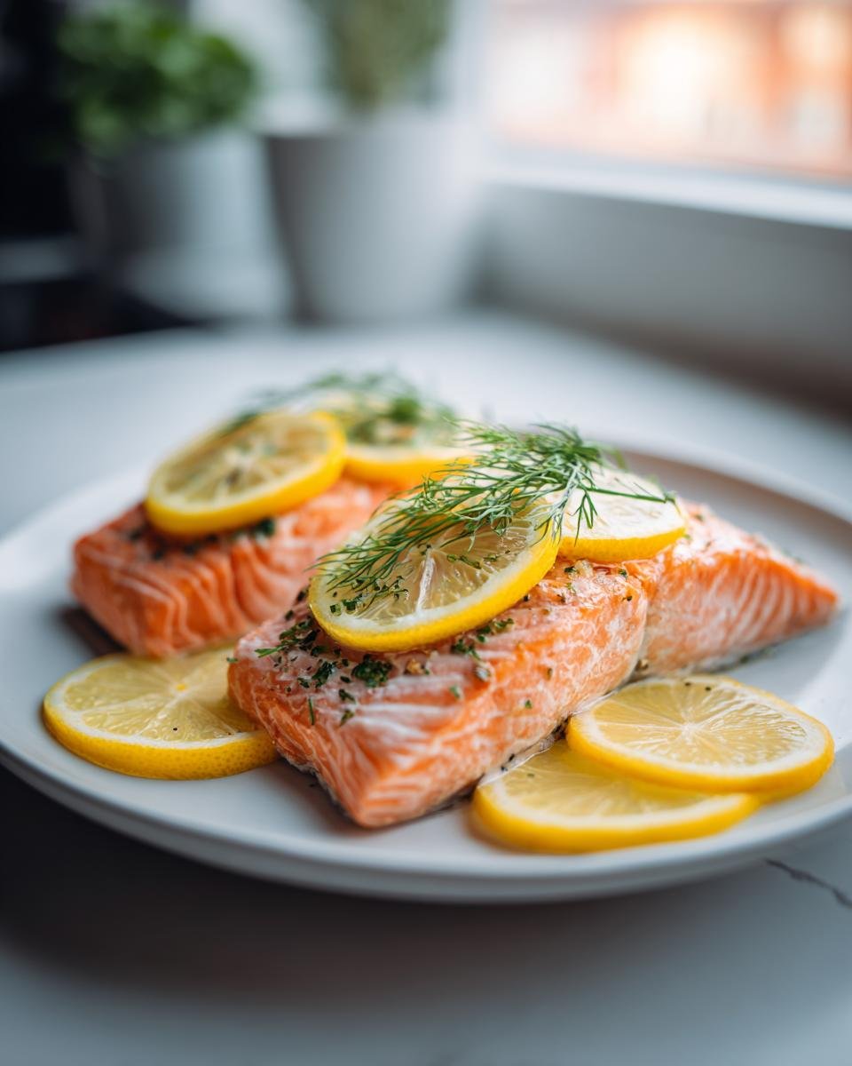 Two fillets of cooked Slow Cooker Salmon garnished with lemon slices and fresh dill on a white plate.