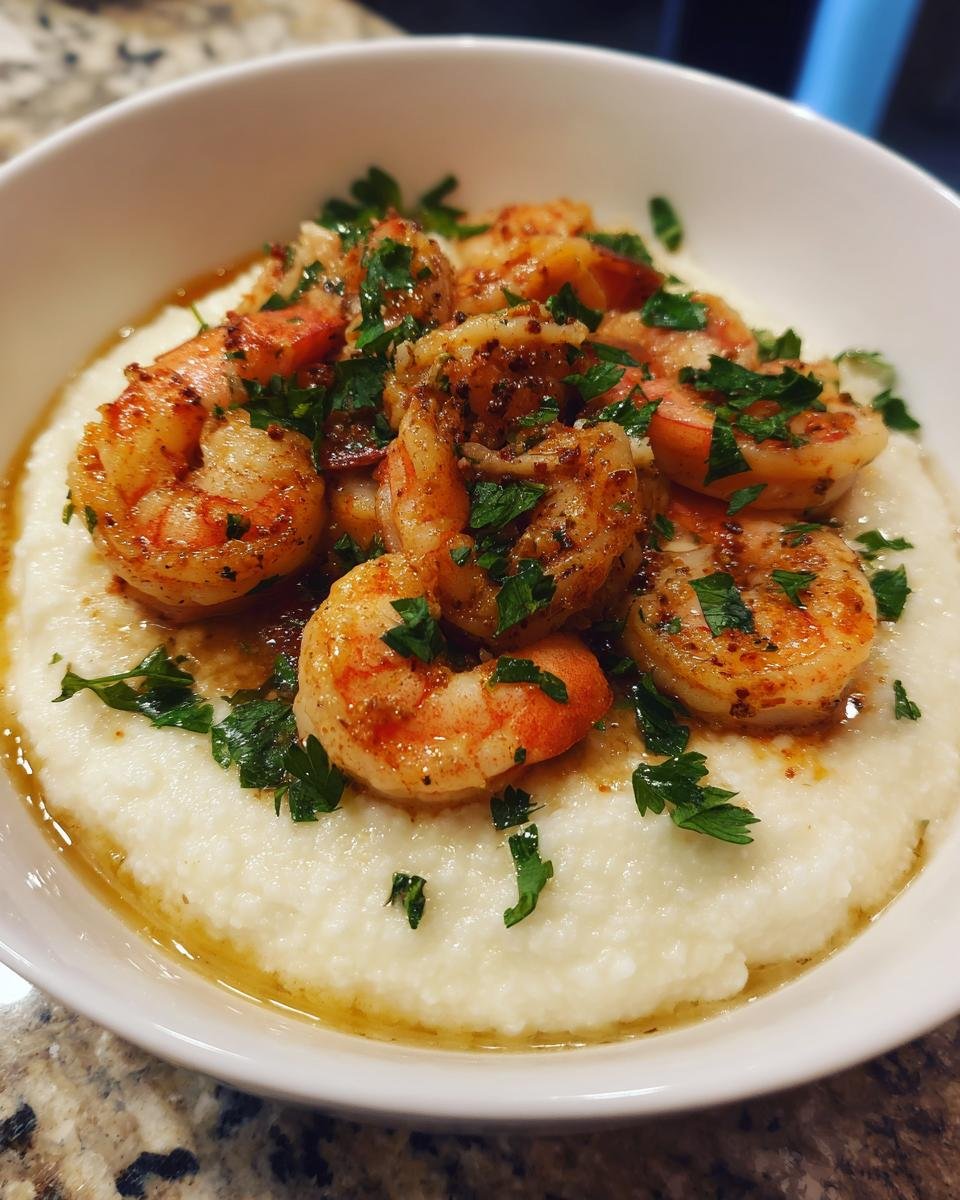 A close-up of seasoned shrimp served over creamy grits, garnished with fresh parsley in a white bowl, showcasing Slow Cooker Shrimp And Grits.