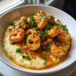 A close-up of creamy grits topped with seasoned shrimp and fresh parsley, showcasing Slow Cooker Shrimp And Grits.