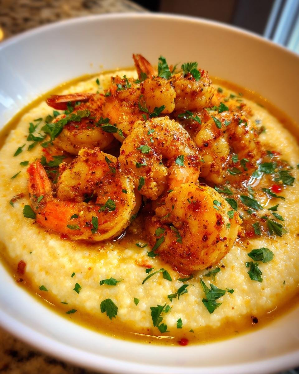 A close-up of creamy grits topped with seasoned shrimp and fresh parsley, showcasing the Slow Cooker Shrimp And Grits.