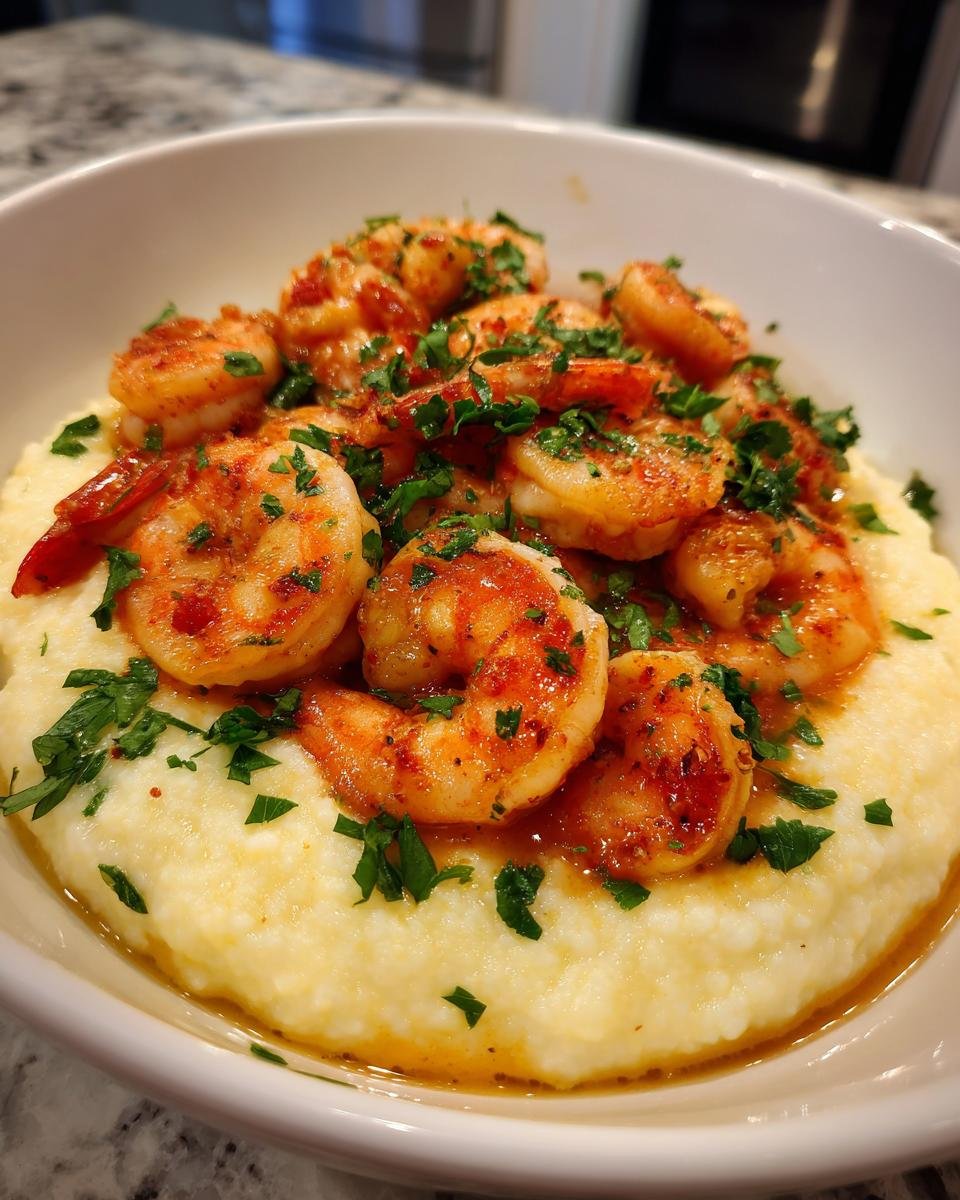 A close-up of creamy grits topped with seasoned shrimp and fresh parsley, showcasing Slow Cooker Shrimp And Grits.