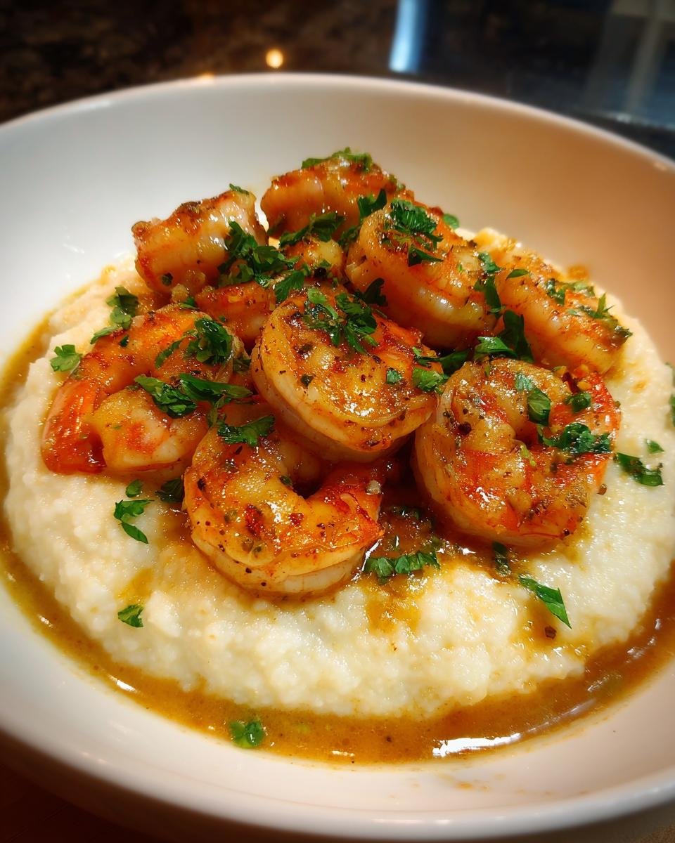 A close-up of creamy grits topped with seasoned shrimp and fresh parsley, ready to eat Slow Cooker Shrimp And Grits.