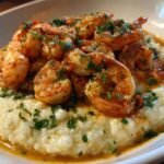 A close-up of creamy grits topped generously with seasoned shrimp and fresh parsley, showcasing the Slow Cooker Shrimp And Grits.