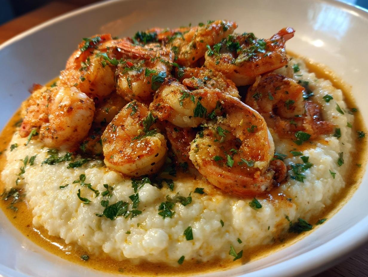 A close-up of creamy grits topped generously with seasoned shrimp and fresh parsley, showcasing the Slow Cooker Shrimp And Grits.