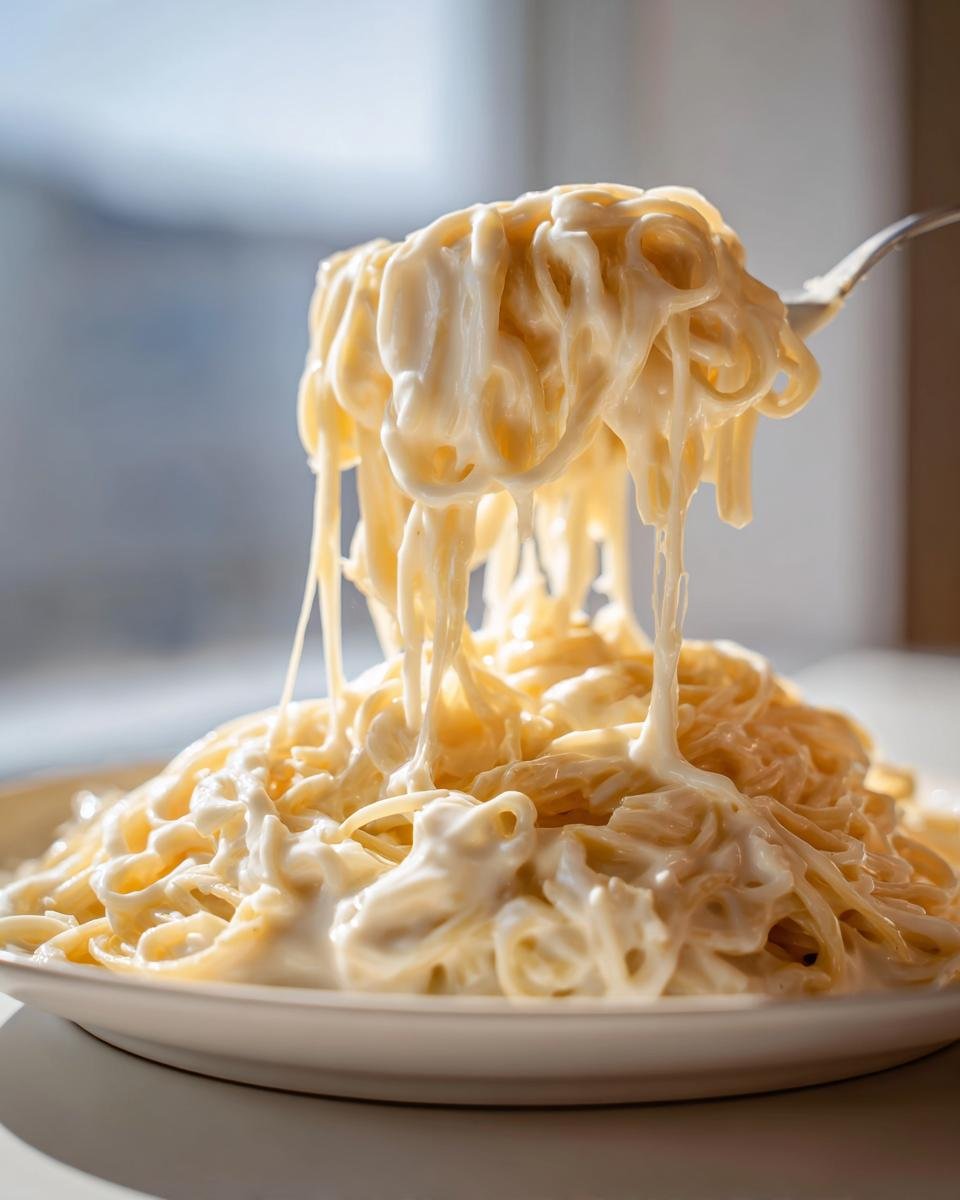 A fork lifts a generous portion of spaghetti coated in creamy Easy Garlic Parmesan Sauce, showing cheese pulls.