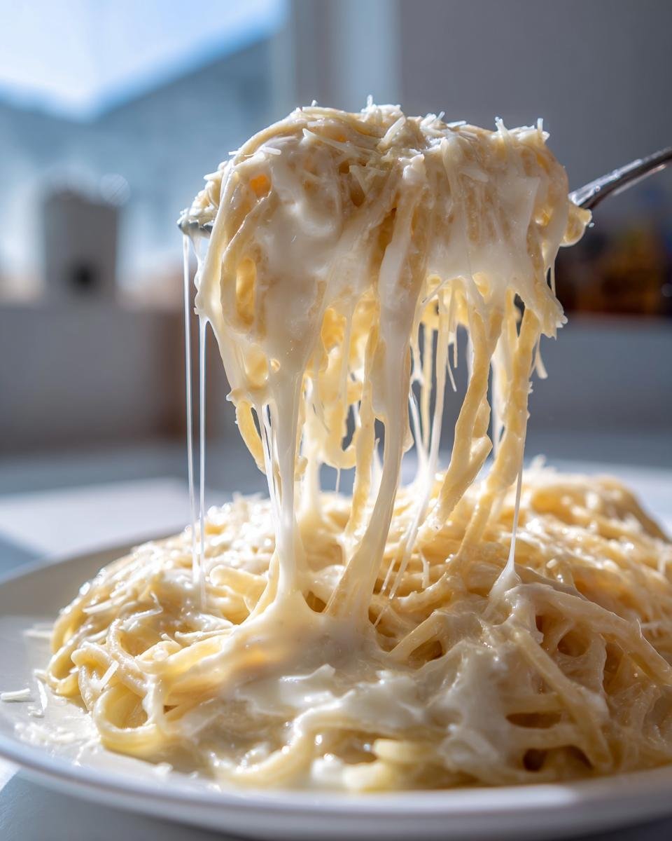 A fork lifts spaghetti coated in a rich, creamy Easy Garlic Parmesan Sauce, showing long cheese pulls.