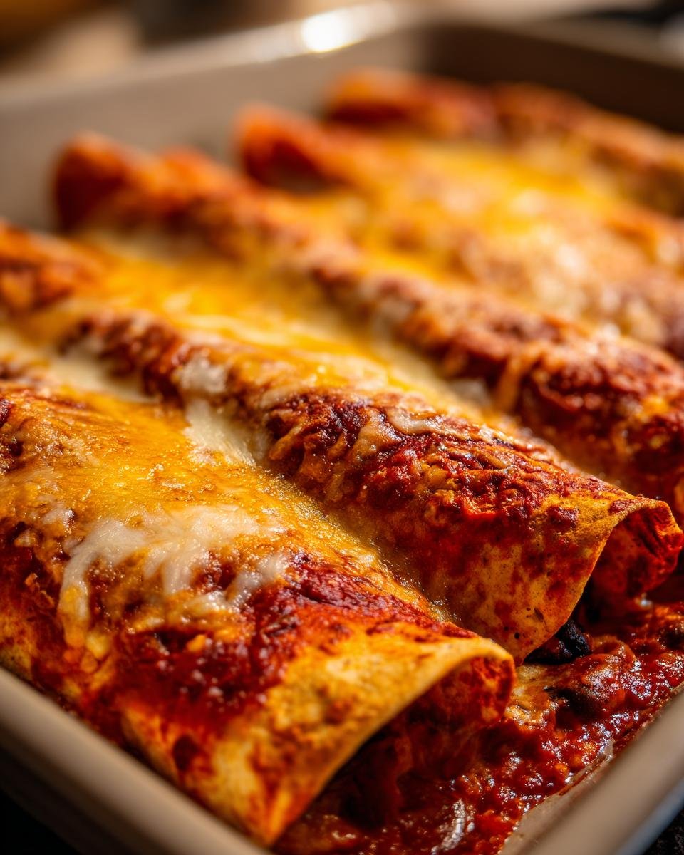 Close-up of baked Spicy Black Bean Enchiladas covered in rich red sauce and melted golden cheese.