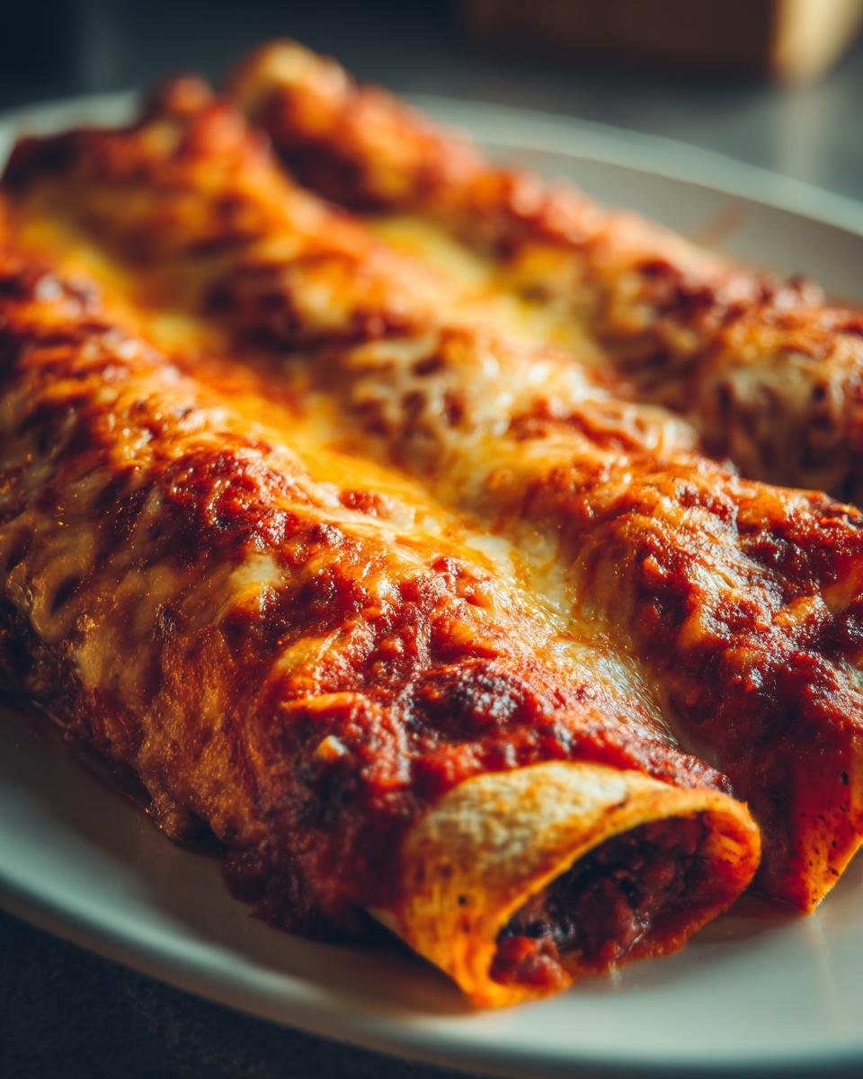 Close-up of three baked Spicy Black Bean Enchiladas covered in bubbling red sauce and melted cheese.