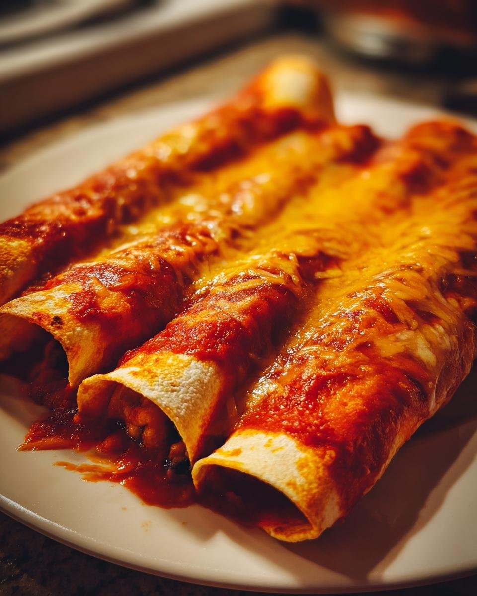 Three rolled Spicy Black Bean Enchiladas covered in red sauce and melted cheddar cheese on a white plate.