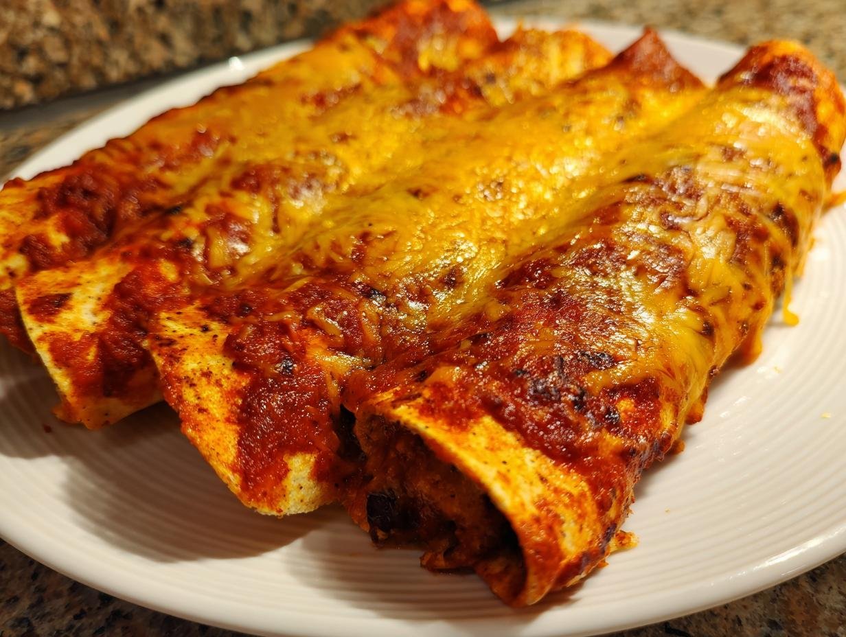 Close-up of three baked Spicy Black Bean Enchiladas covered in melted orange cheese and red sauce.