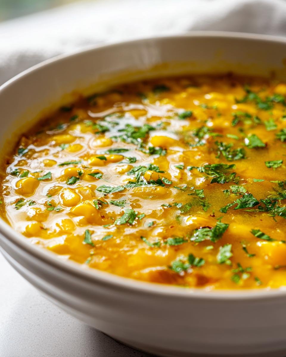A close-up of a creamy, yellow Spicy Jamaican Corn Soup garnished with fresh green herbs.