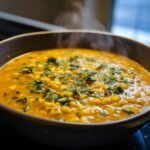 Close-up of hot, steaming Spicy Jamaican Corn Soup filled with yellow corn kernels and topped with fresh cilantro.