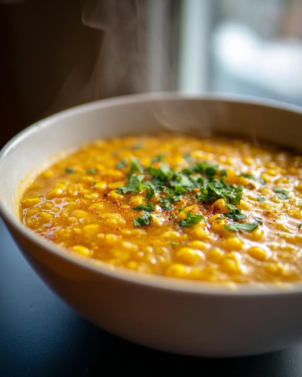 Close-up of a steaming bowl of bright yellow Spicy Jamaican Corn Soup, garnished with fresh green herbs.