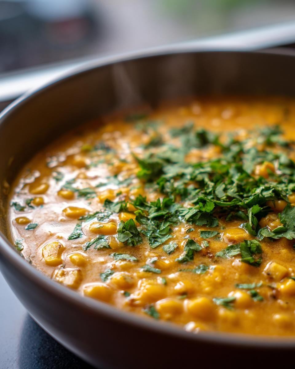 Close-up of steaming Spicy Jamaican Corn Soup, rich orange color with whole corn kernels and fresh parsley garnish.