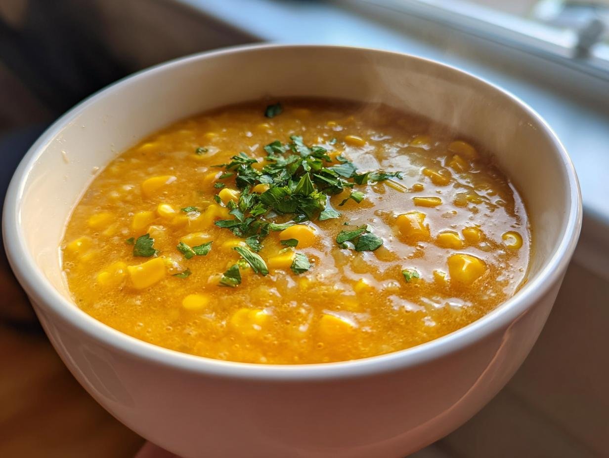 Close-up of a steaming bowl of vibrant yellow Spicy Jamaican Corn Soup, garnished with fresh green herbs.