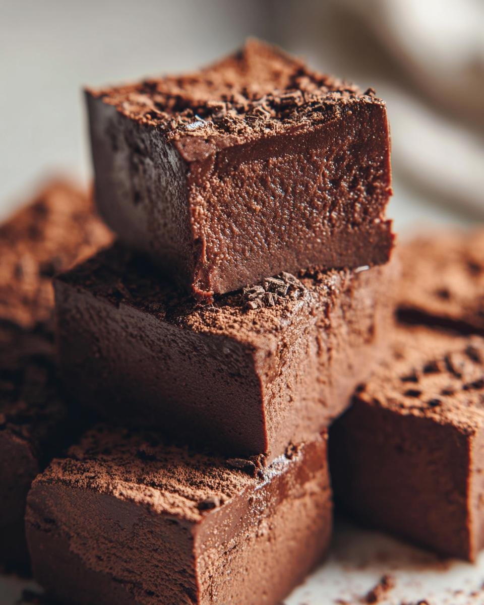 Close-up of stacked, rich, dark chocolate fudge squares dusted with cocoa powder and shavings, representing Spicy Mexican Hot Chocolate Fudge.
