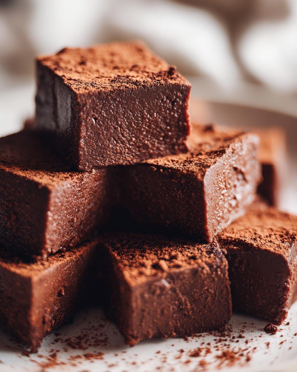 A stack of rich, dark chocolate fudge squares dusted generously with cocoa powder, representing Spicy Mexican Hot Chocolate Fudge.