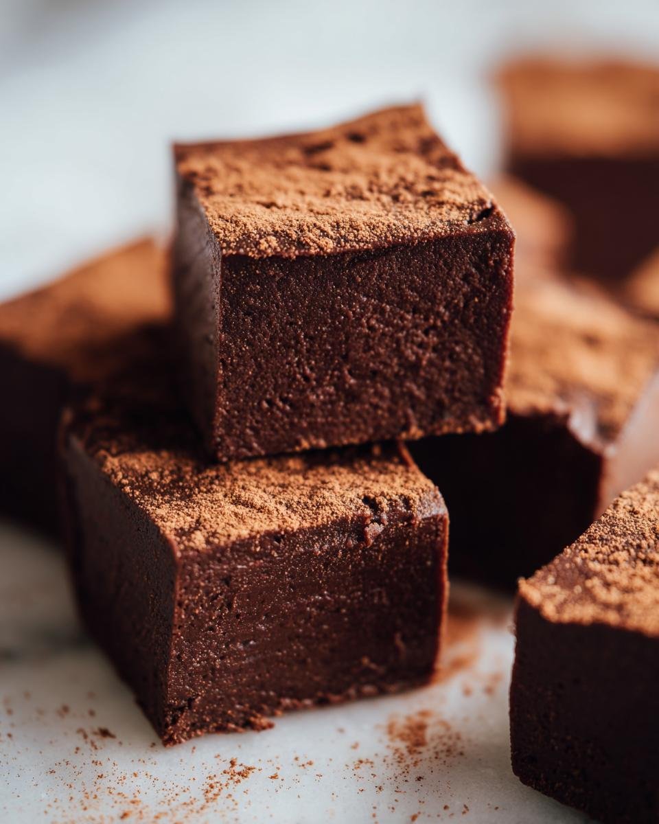 Close-up of rich, dark squares of Spicy Mexican Hot Chocolate Fudge dusted with cocoa powder.