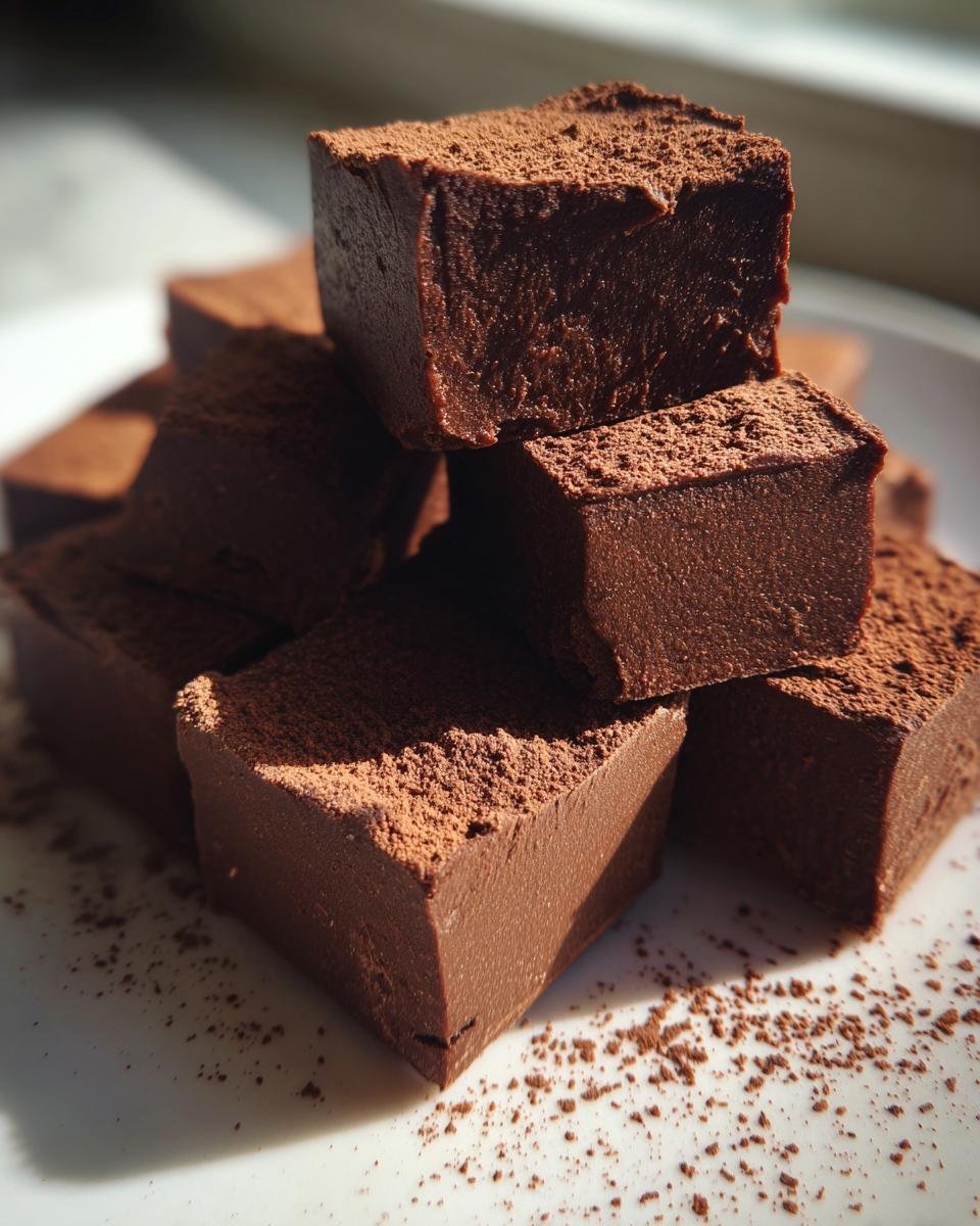 A stack of rich, dark chocolate fudge squares dusted with cocoa powder, representing Spicy Mexican Hot Chocolate Fudge.