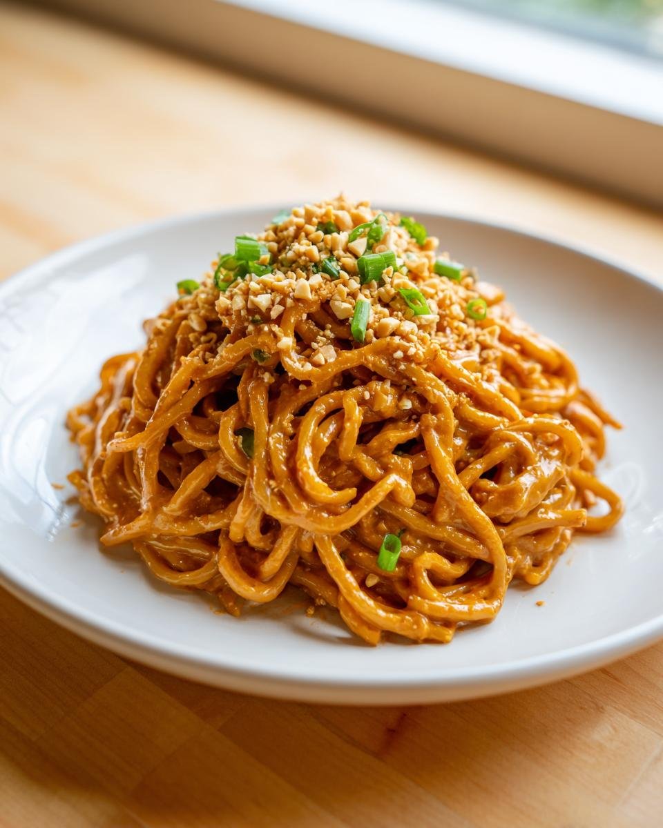 A serving of creamy, orange-coated Spicy Peanut Noodles topped with crushed peanuts and sliced green onions.