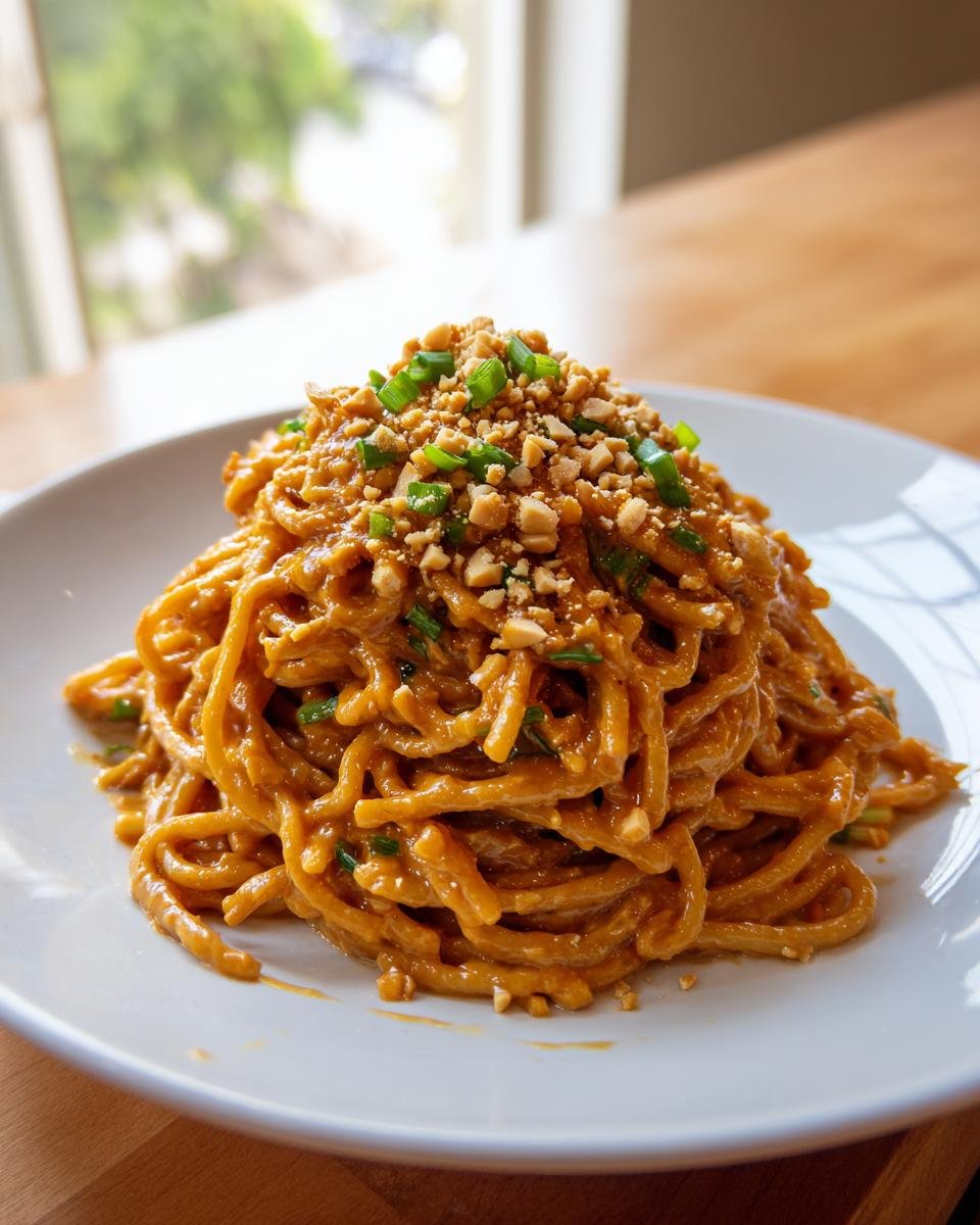 A mound of creamy, saucy Spicy Peanut Noodles served on a white plate and topped with chopped peanuts and green onions.