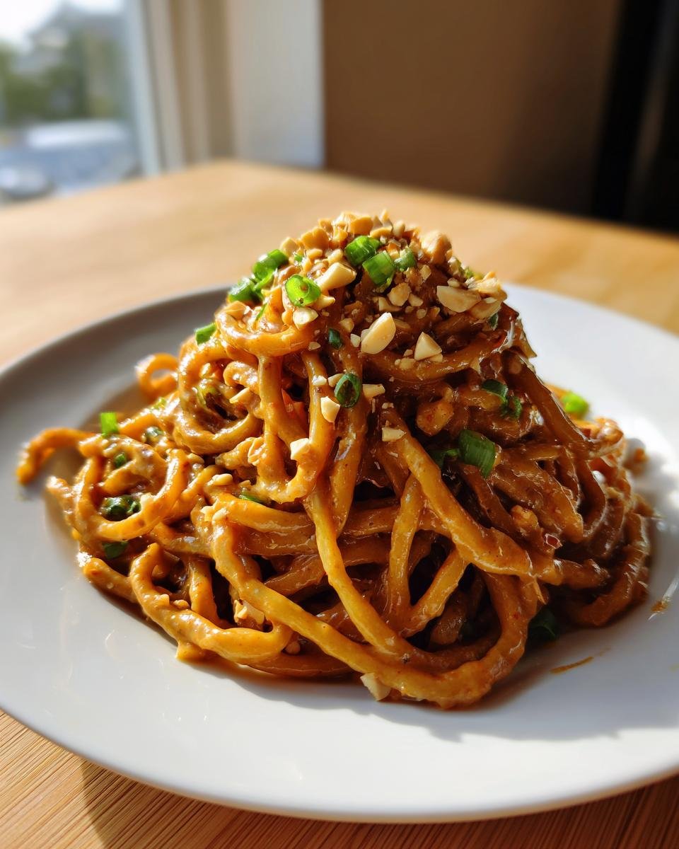 A mound of saucy Spicy Peanut Noodles topped with chopped peanuts and green onions on a white plate.