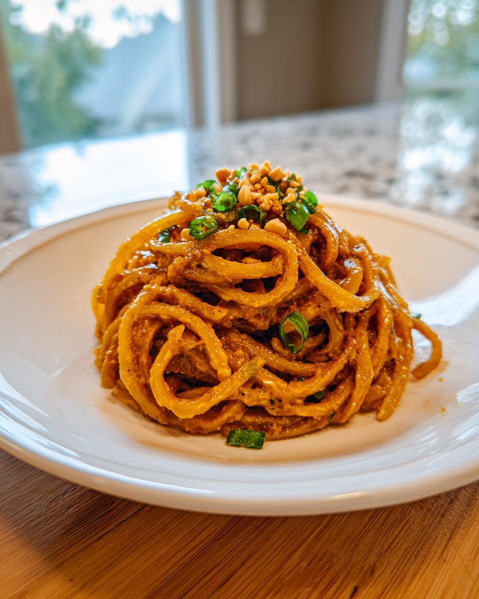 A mound of creamy, saucy Spicy Peanut Noodles topped with chopped peanuts and green onions.
