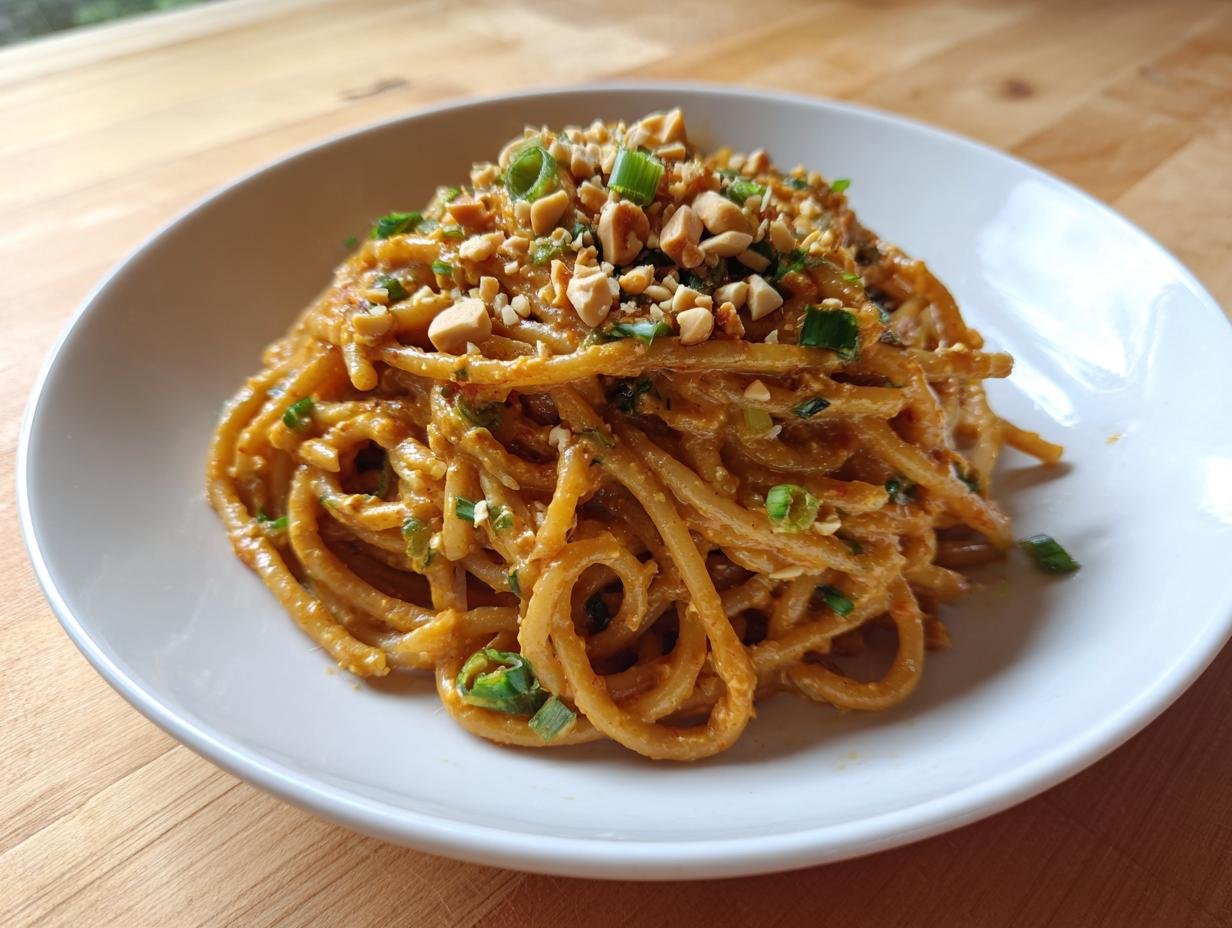 A close-up of a white bowl filled with creamy, saucy Spicy Peanut Noodles topped with chopped peanuts and green onions.