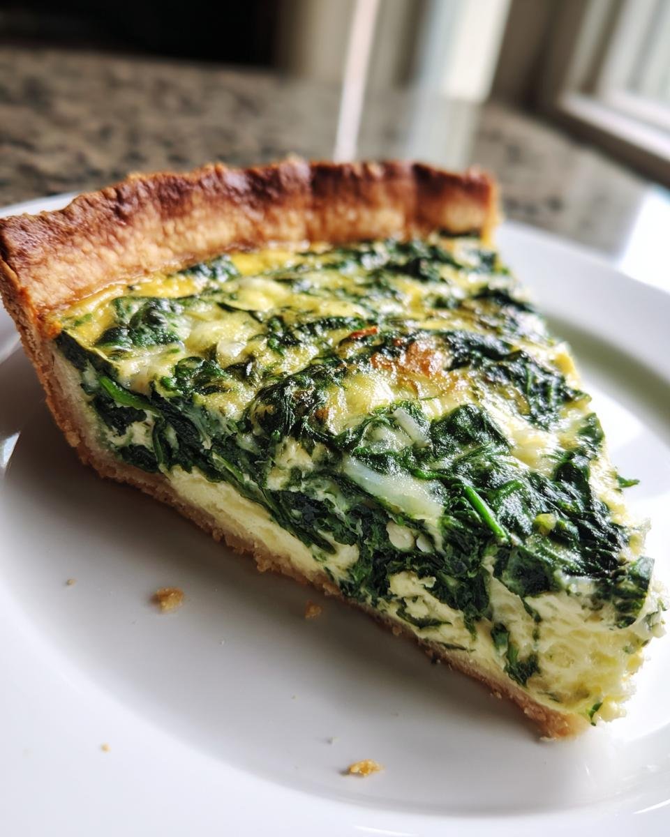 A close-up slice of Spinach Quiche showing the rich green filling and golden, flaky pastry crust on a white plate.