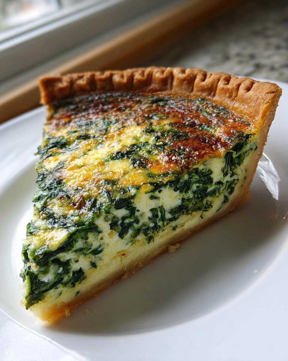 A close-up of a golden-brown slice of Spinach Quiche with visible green spinach filling on a white plate.
