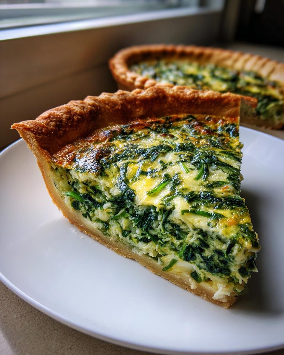 A close-up slice of rich, green Spinach Quiche on a white plate, with the rest of the quiche blurred in the background.