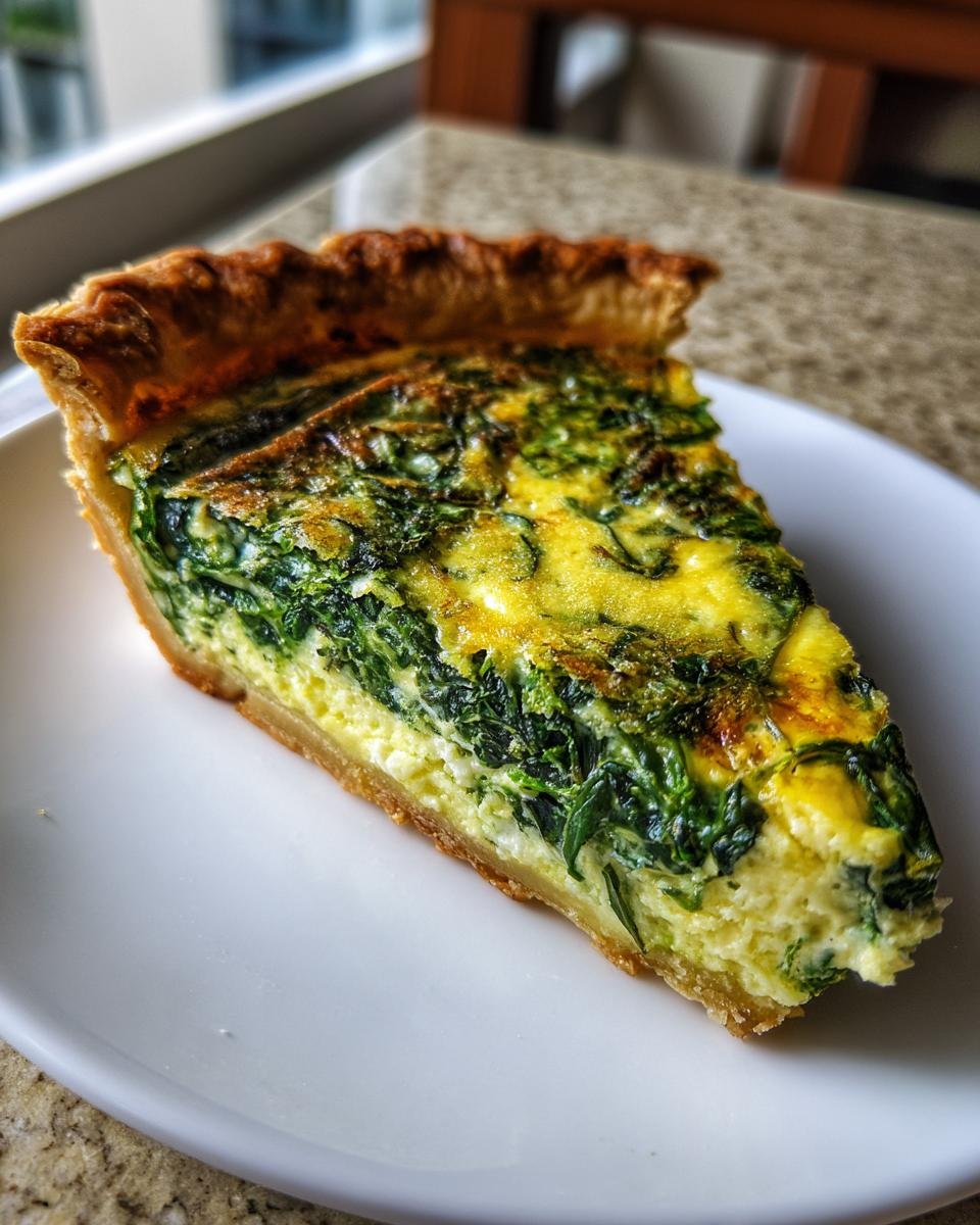 A close-up of a perfectly baked slice of Spinach Quiche showing the rich green filling and flaky crust.