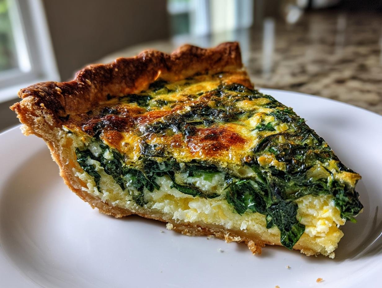 A close-up of a thick slice of Spinach Quiche showing the rich, dark green filling and golden-brown crust on a white plate.