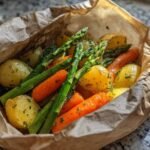 Brightly colored Spring Vegetables And Potatoes In Parchment, featuring asparagus, carrots, and new potatoes.