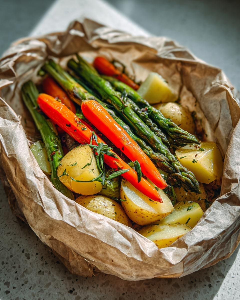 Roasted asparagus, carrots, and potatoes steaming inside a parchment paper packet, seasoned with herbs.