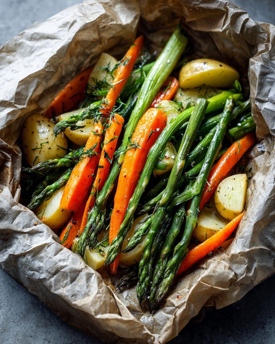 Close-up of bright orange carrots, green asparagus, and yellow potatoes cooked in parchment paper for Spring Vegetables And Potatoes In Parchment.