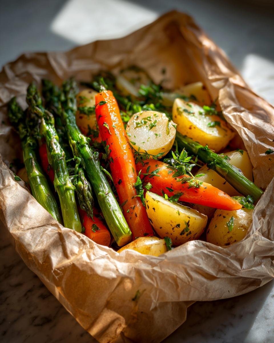 Vibrant roasted carrots, asparagus, and potatoes seasoned with herbs, served in a parchment paper packet.